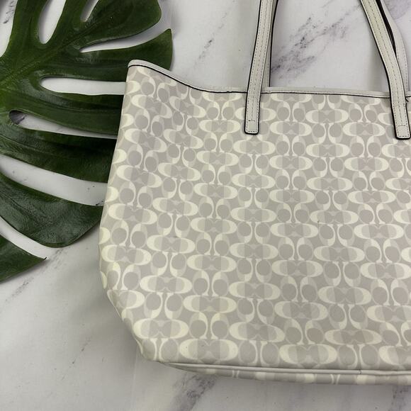 Coach City Tote Bag Purse White Gray Signature Print Coated Large Outlet - Picture 8 of 12